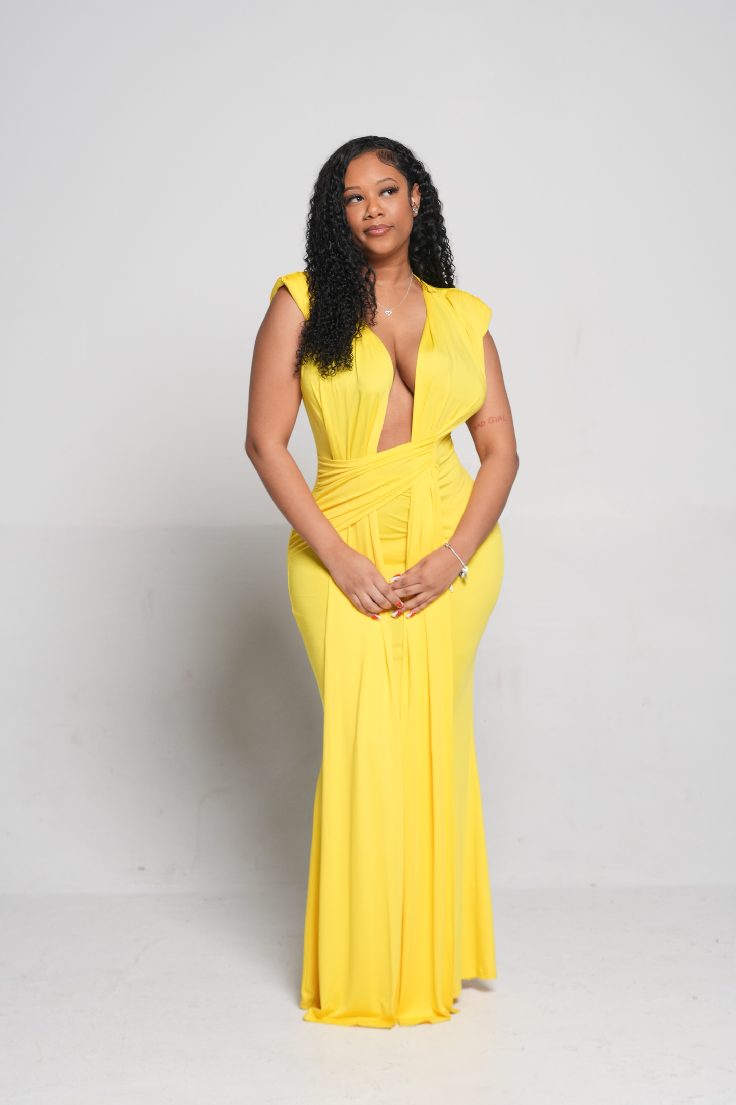 ND Yellow Deep Plunge Neckline Twist Front Flowy Maxi Dress