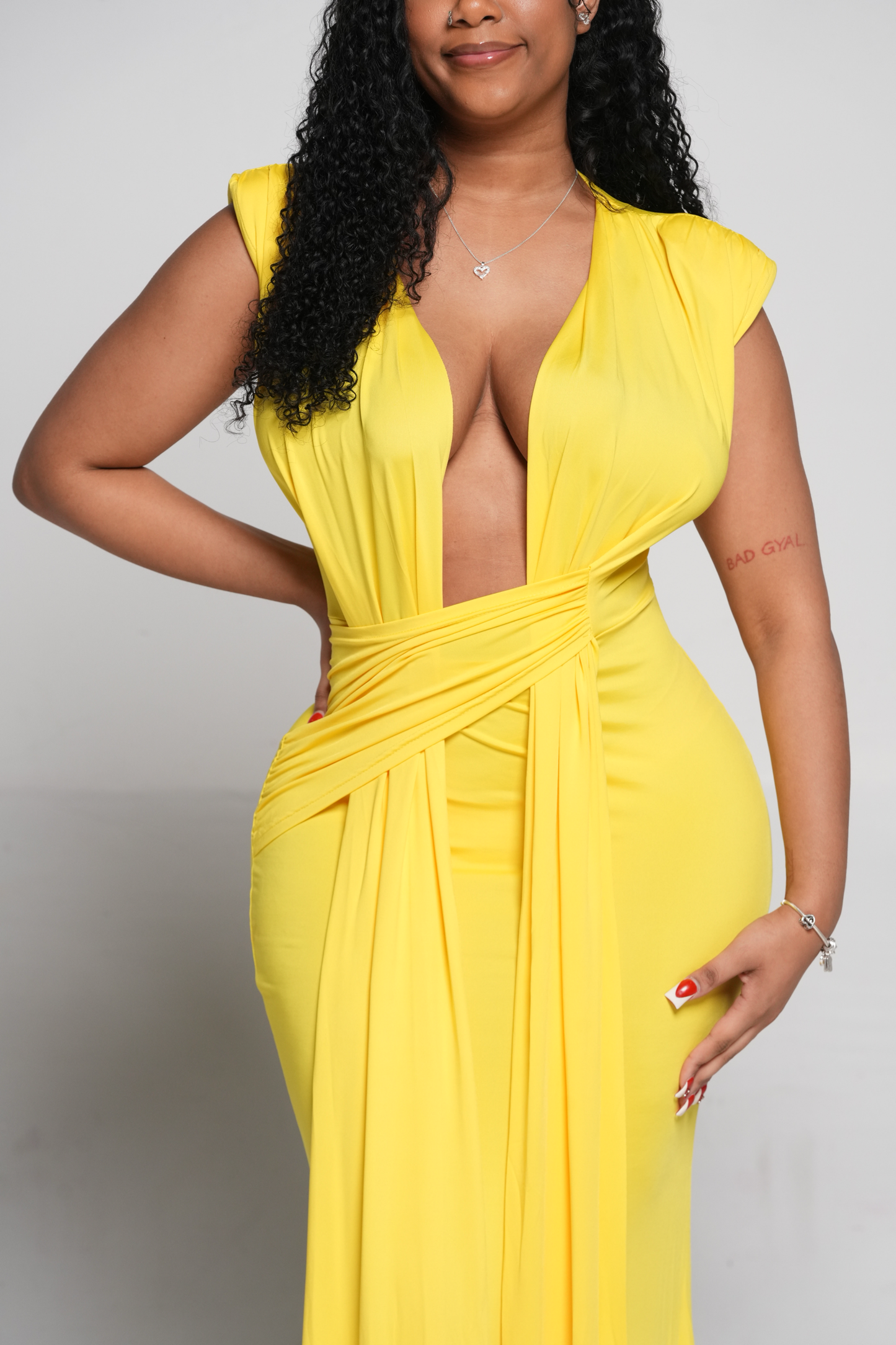 ND Yellow Deep Plunge Neckline Twist Front Flowy Maxi Dress