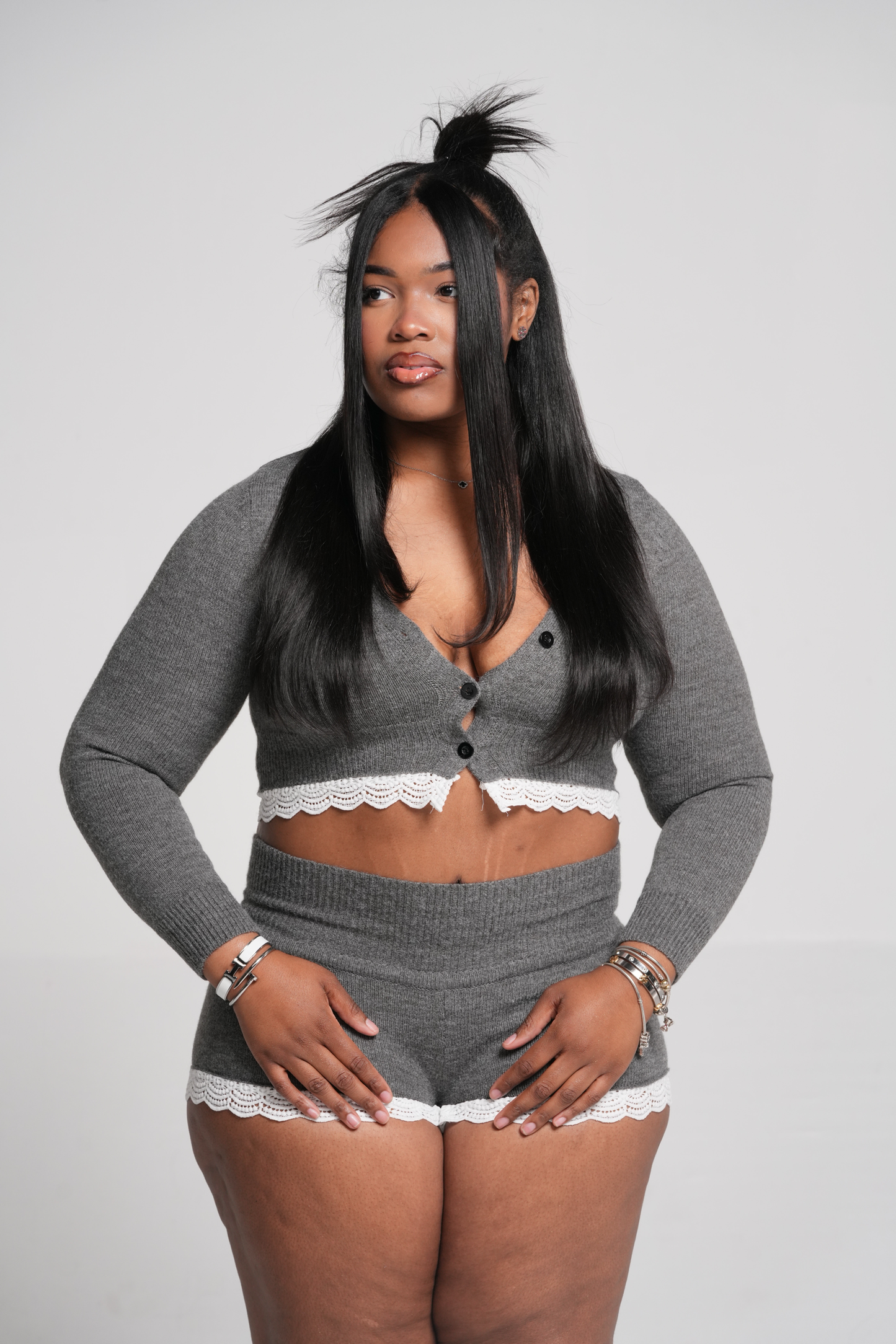 ND Lace trim High Waisted Sweater Knit Shorts set