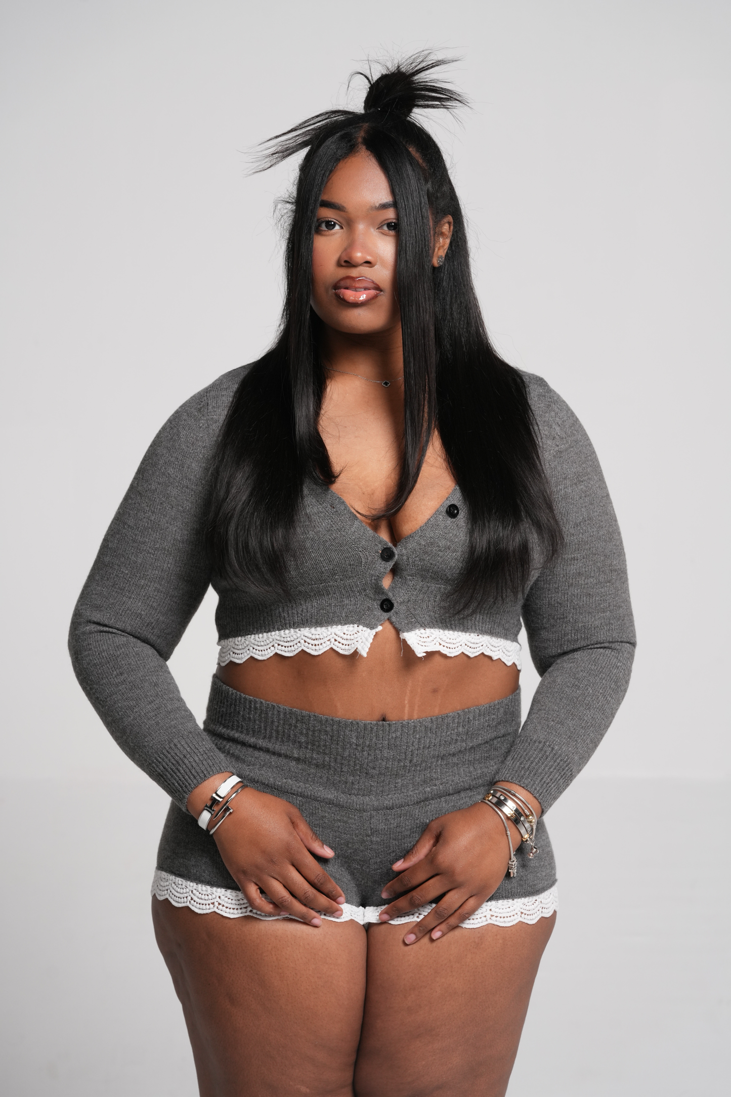 ND Lace trim High Waisted Sweater Knit Shorts set