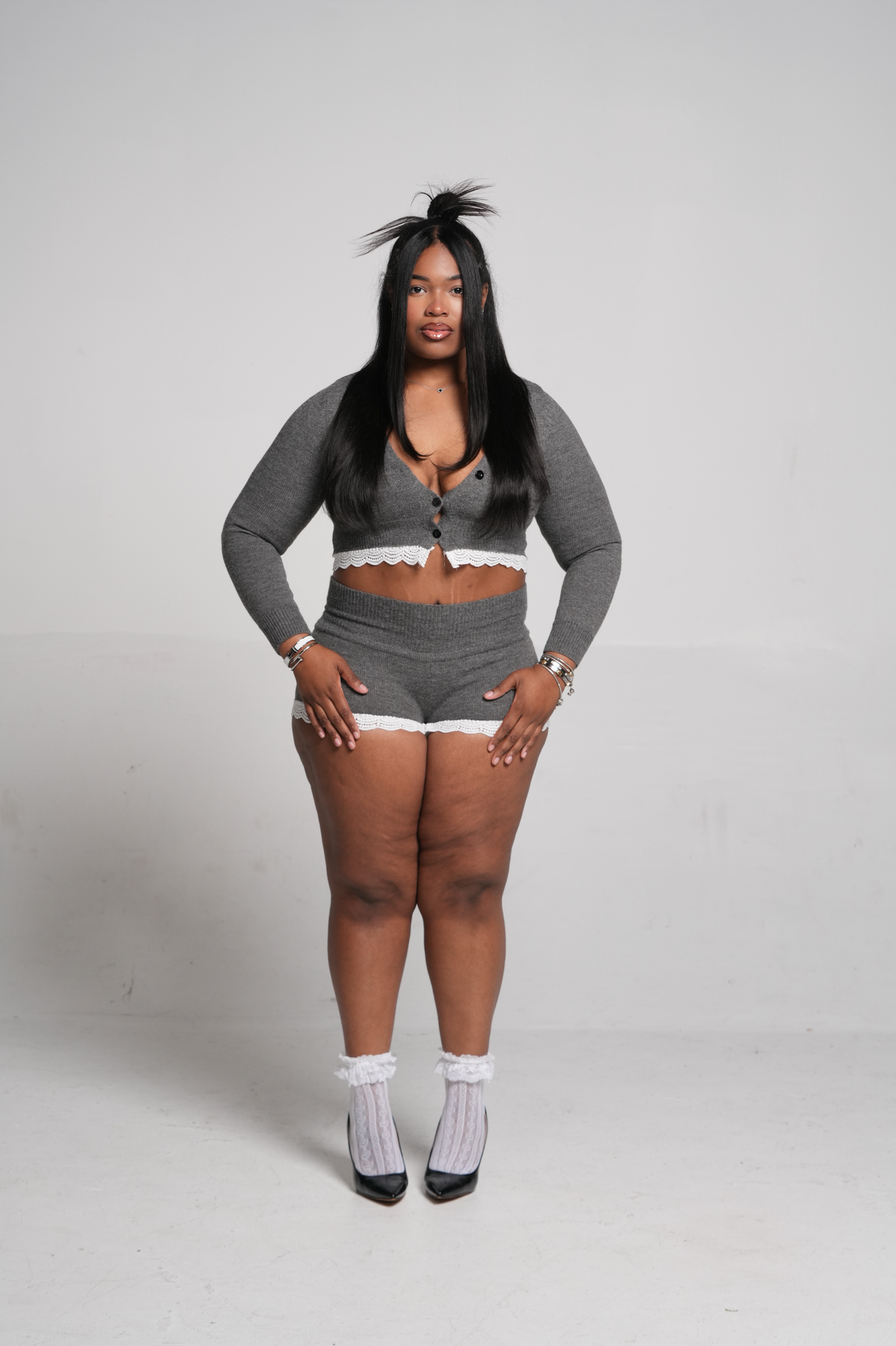 ND Lace trim High Waisted Sweater Knit Shorts set