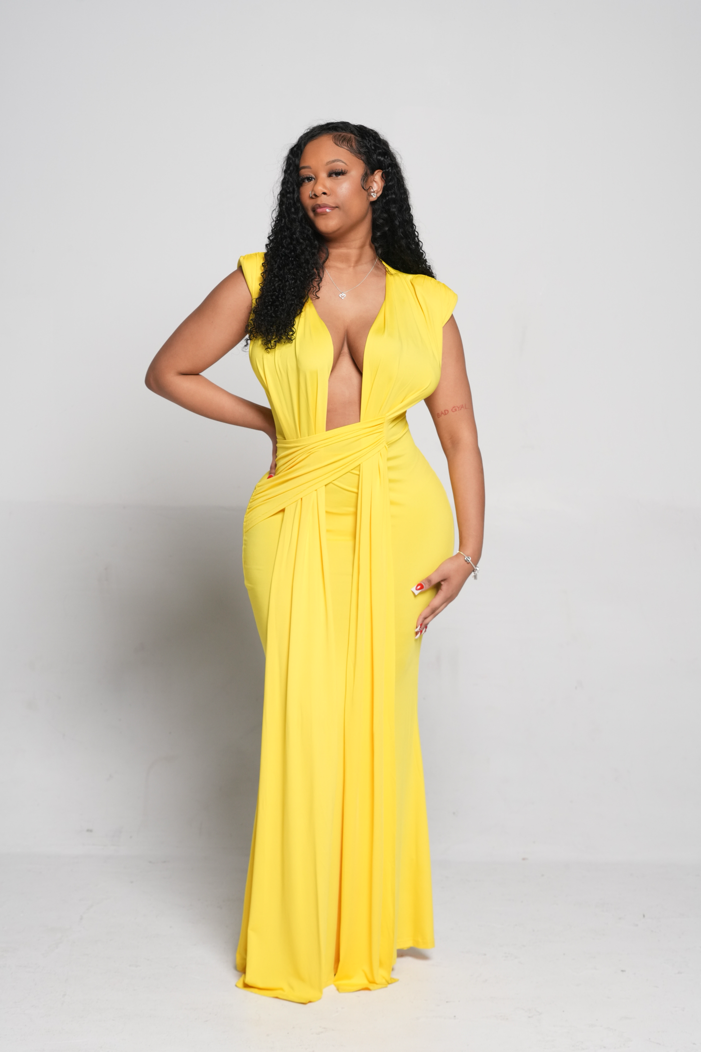 ND Yellow Deep Plunge Neckline Twist Front Flowy Maxi Dress