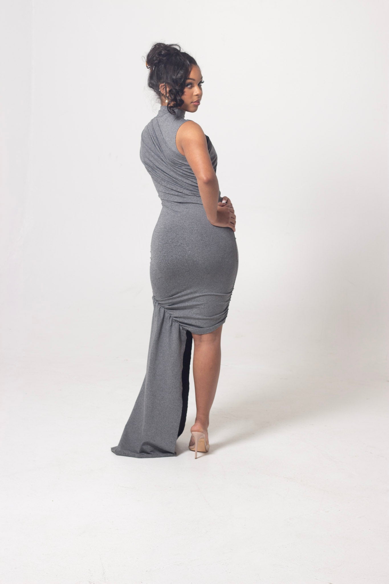 ND Grey Asymmetric Sash Drape Detailing Bodycon Mini Dress