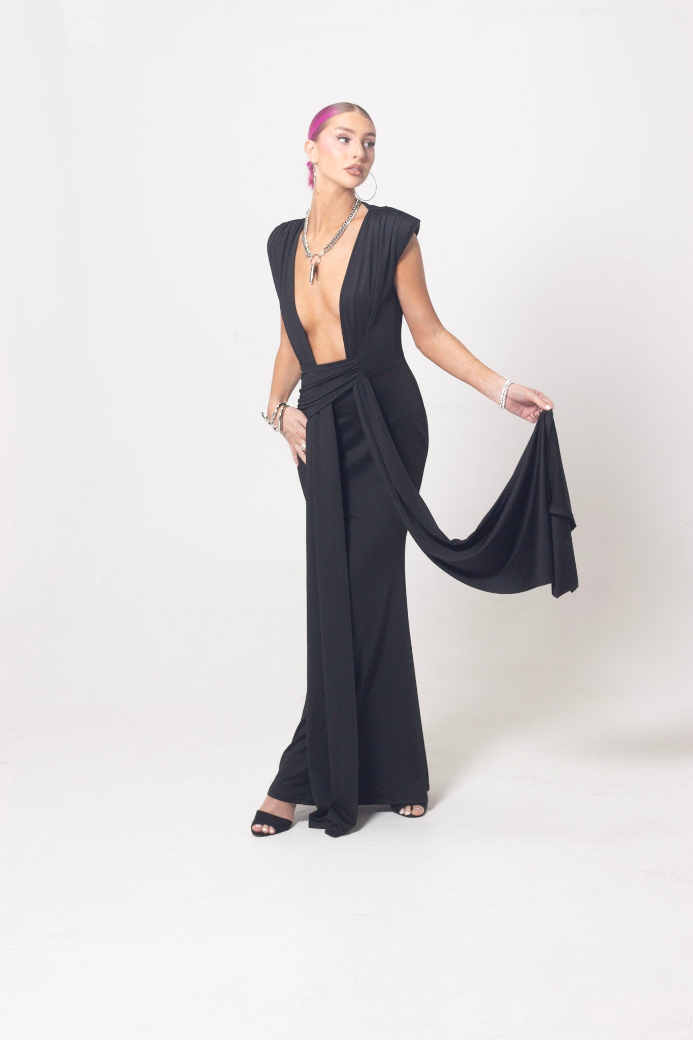 ND Black Deep plunge Neckline Flowy Drape Gown