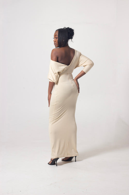 ND Long Sleeve Asymmetrical Off Shoulder Bodycon Maxi Dress