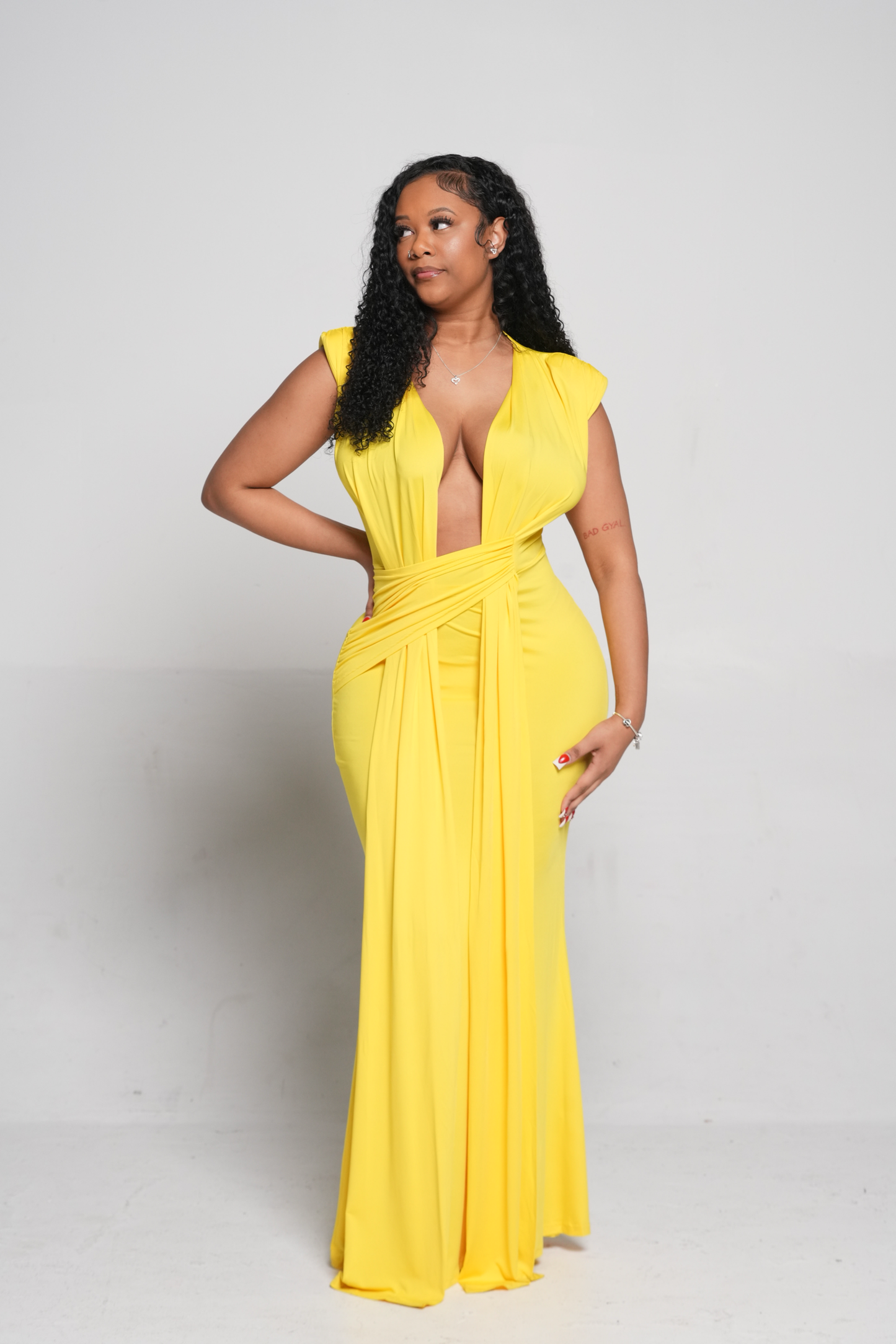 ND Yellow Deep Plunge Neckline Twist Front Flowy Maxi Dress