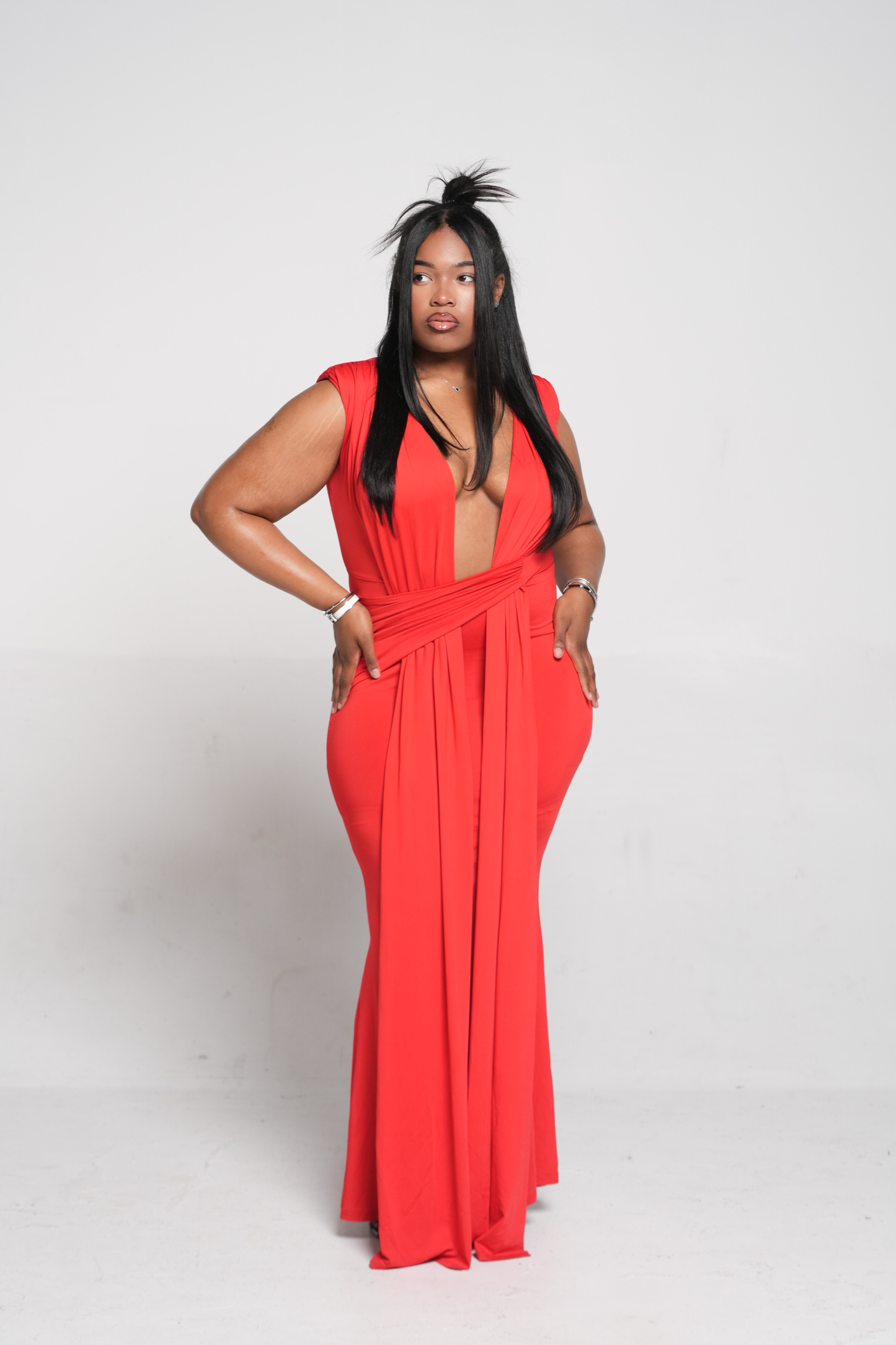 ND Red Scarlet Siren Deep Plunge Neckline Flowy Maxi Drape Dress