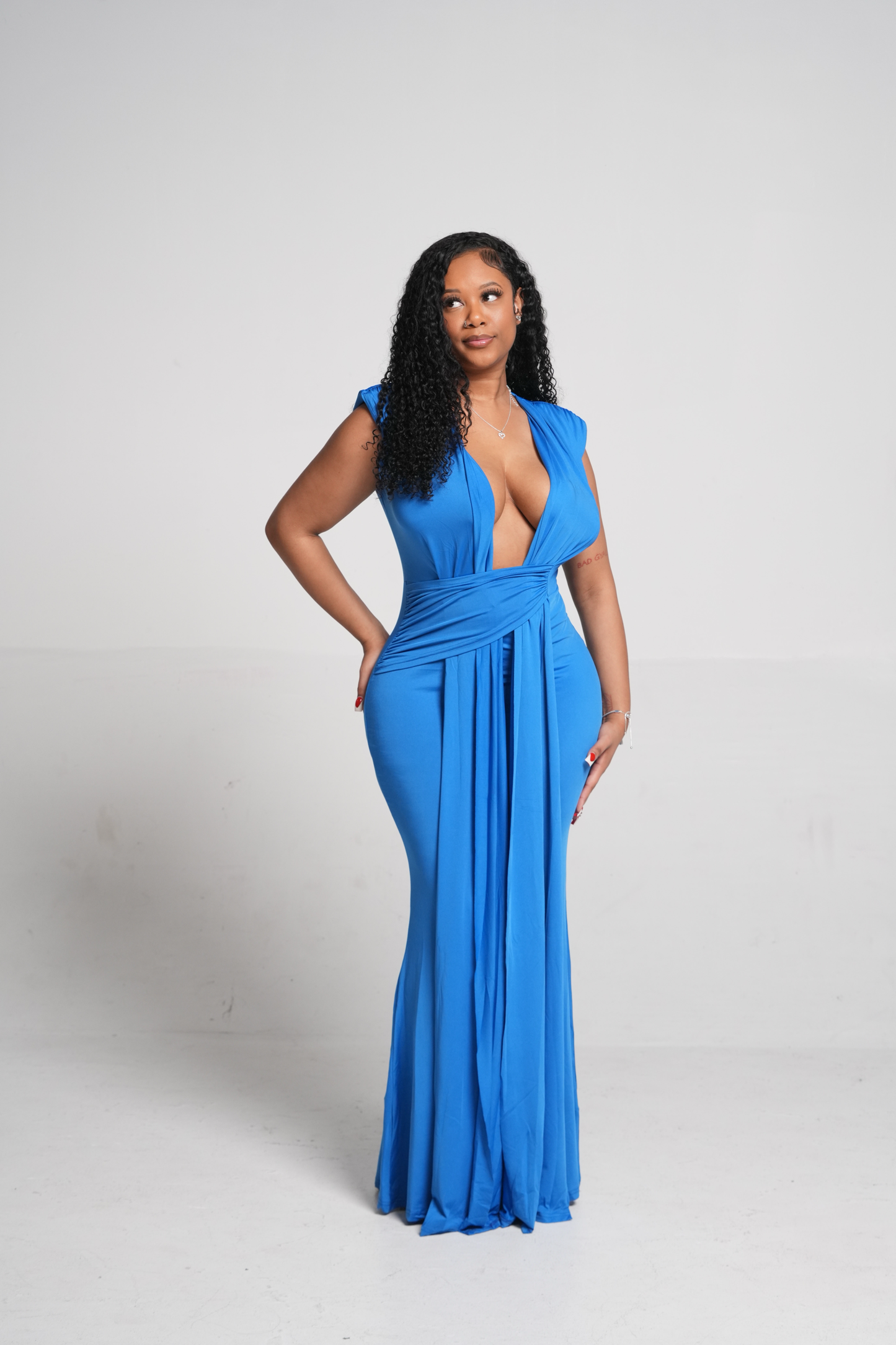 ND Blue Deep Plunge Neckline Flowy Sleeveless Maxi Dress