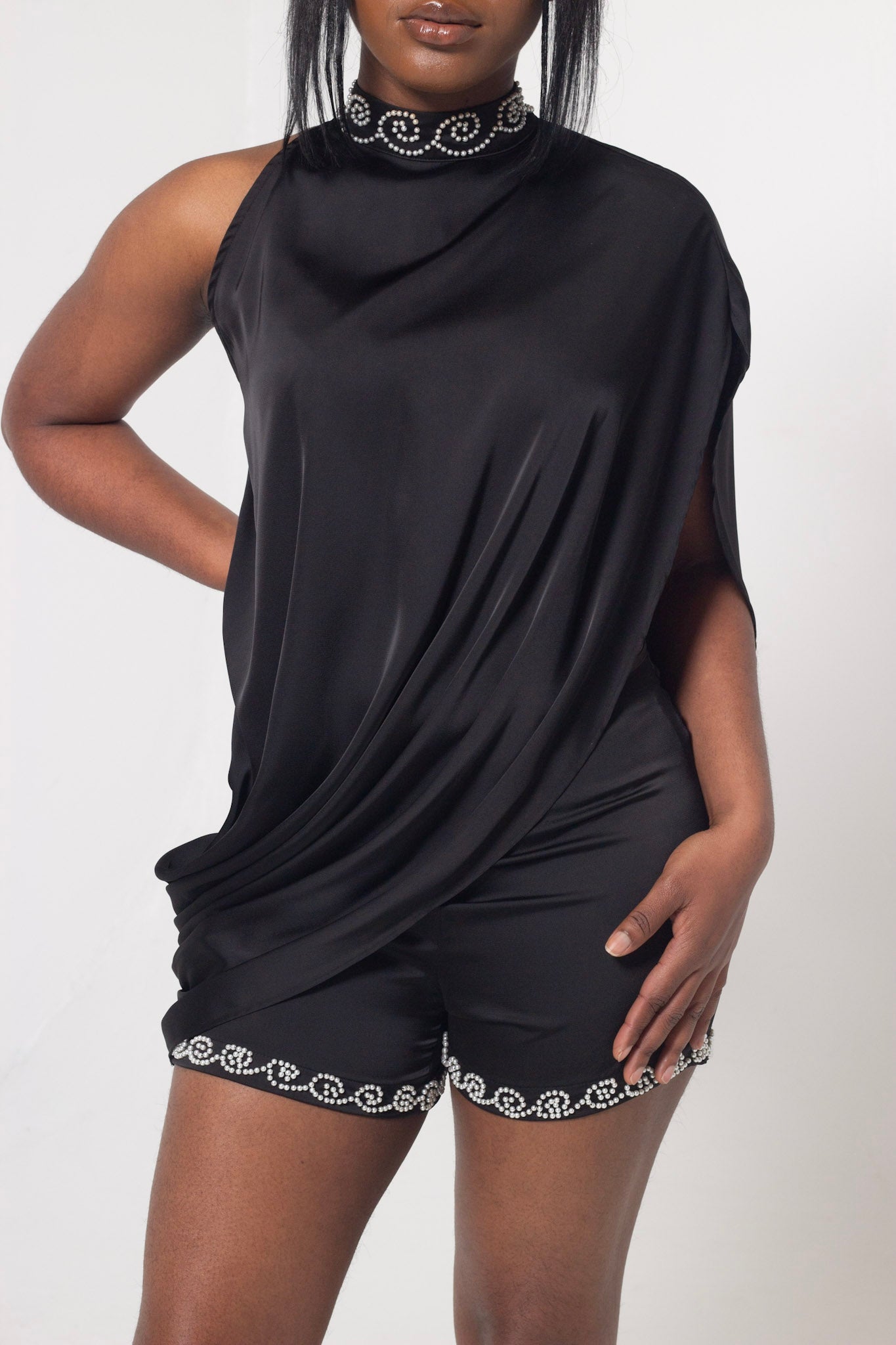 ND Black Mirage Asymmetric Satin drape top (part of a set)
