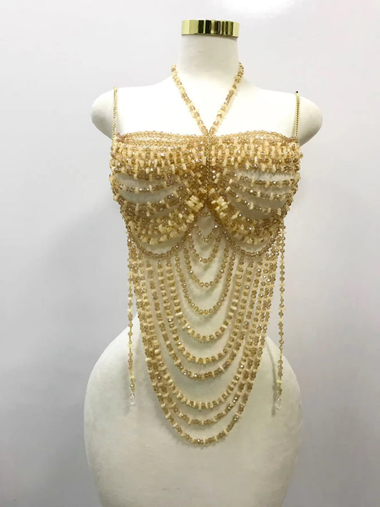 Golden Cascade Beaded Halter Top