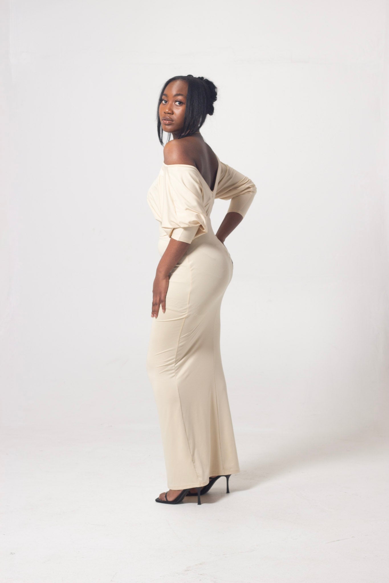 ND Long Sleeve Asymmetrical Off Shoulder Bodycon Maxi Dress