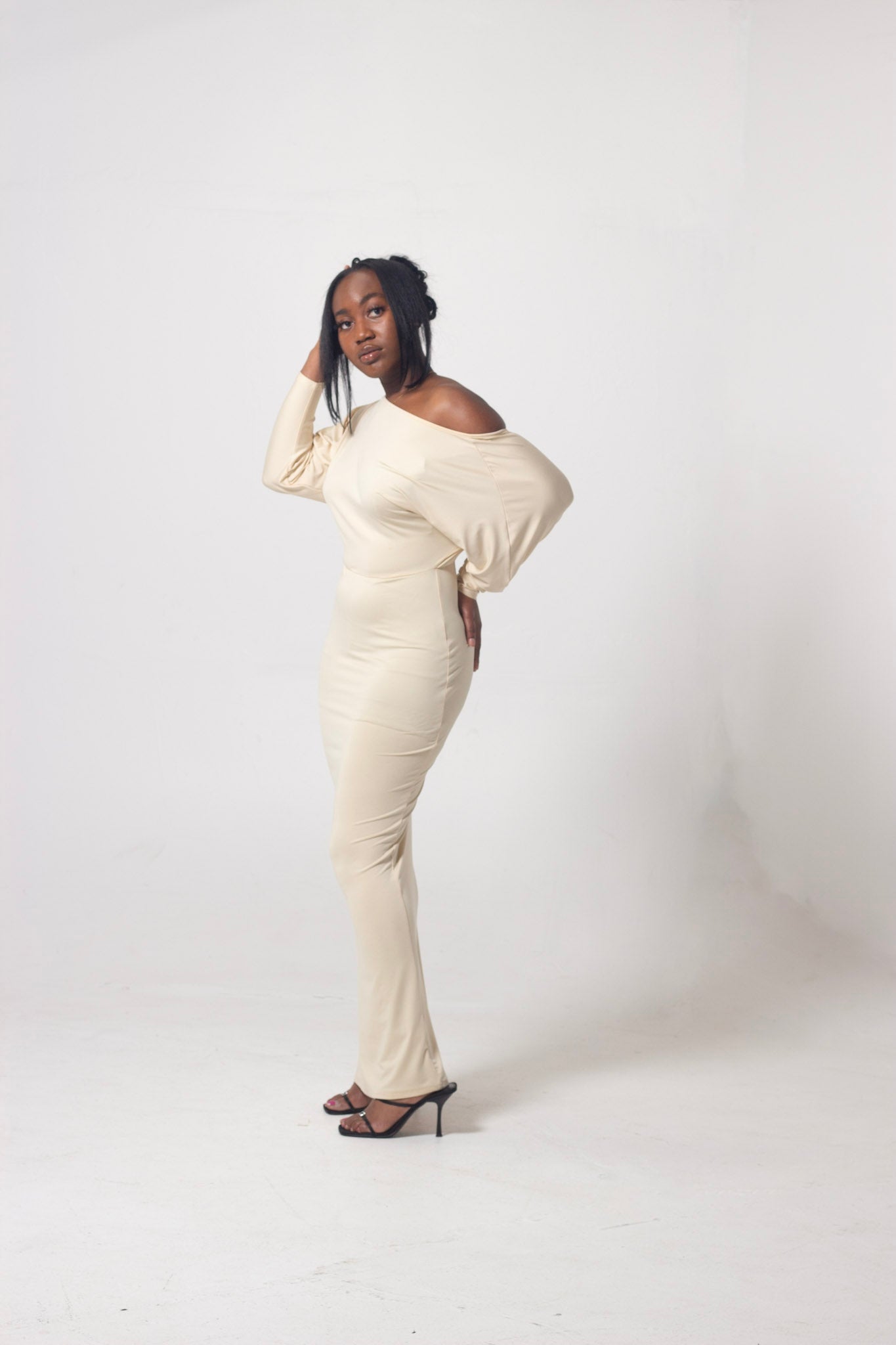 ND Long Sleeve Asymmetrical Off Shoulder Bodycon Maxi Dress