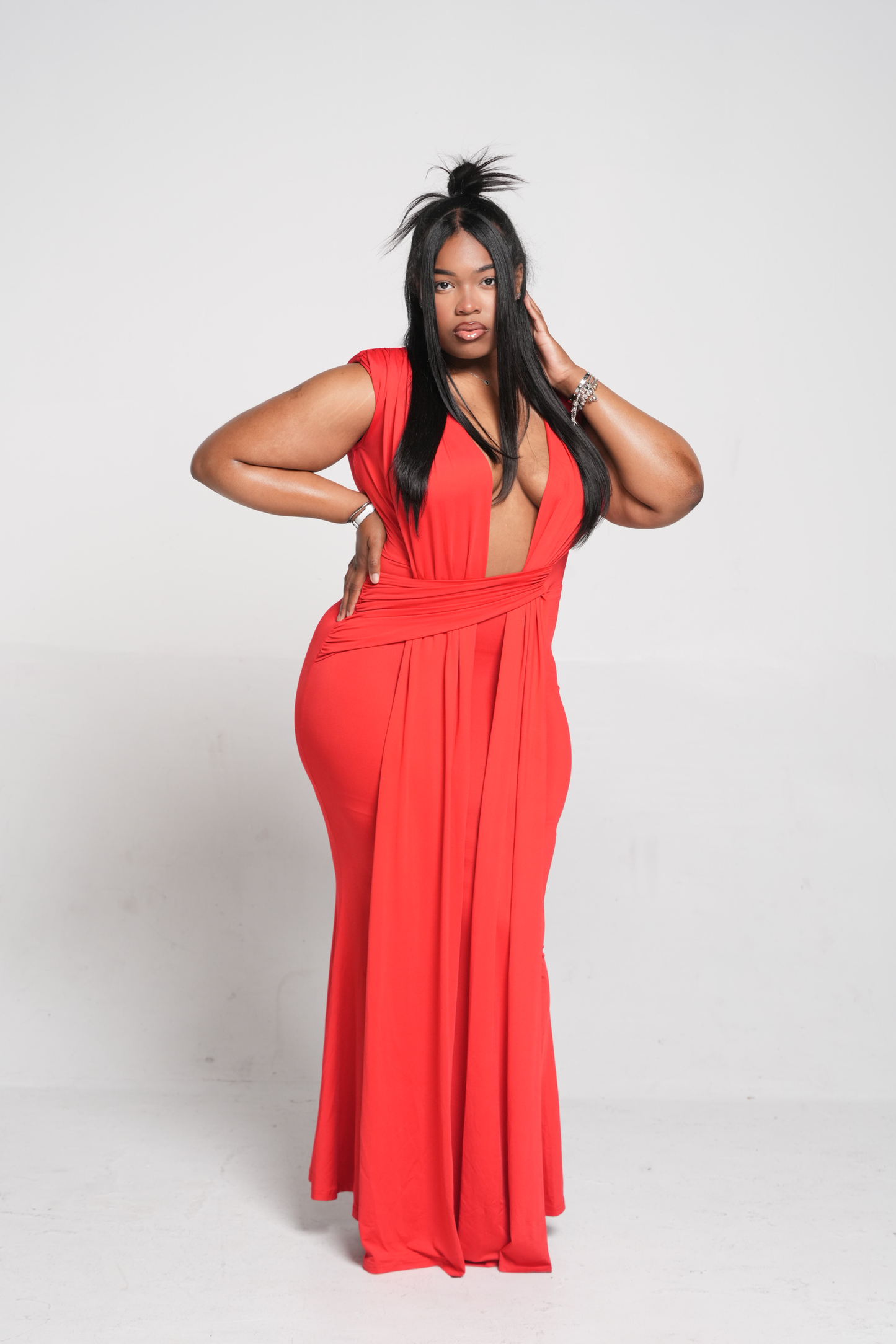 ND Red Scarlet Siren Deep Plunge Neckline Flowy Maxi Drape Dress