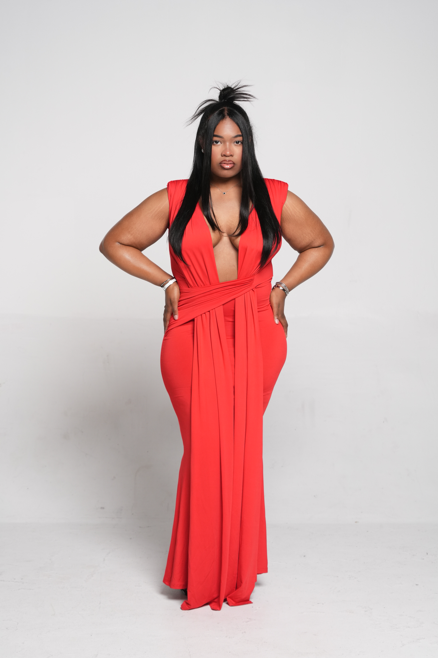 ND Red Scarlet Siren Deep Plunge Neckline Flowy Maxi Drape Dress