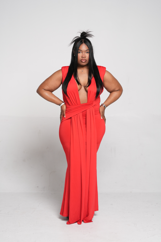 ND Red Scarlet Siren Deep Plunge Neckline Flowy Maxi Drape Dress