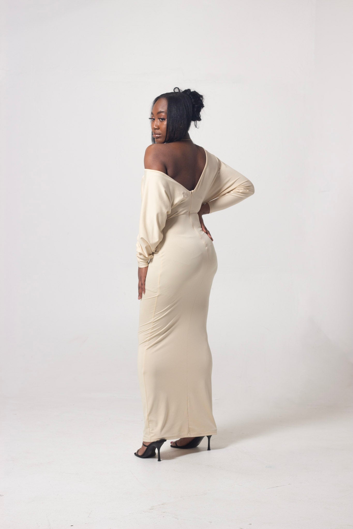 ND Long Sleeve Asymmetrical Off Shoulder Bodycon Maxi Dress
