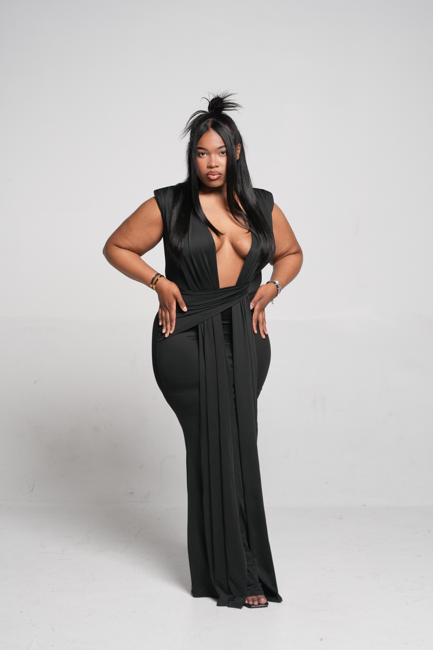 ND Black Deep plunge Neckline Flowy Drape Gown