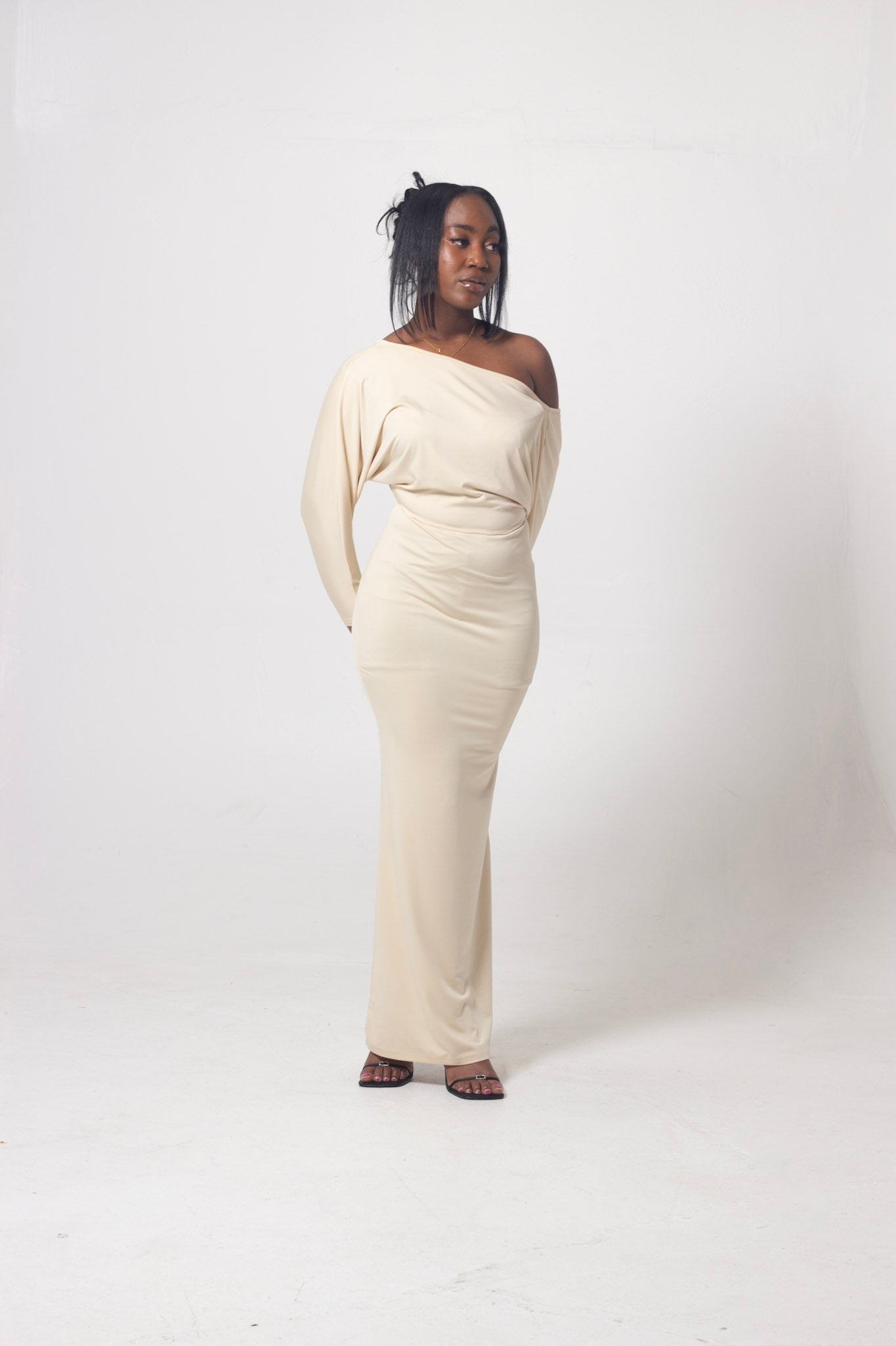 ND Long Sleeve Asymmetrical Off Shoulder Bodycon Maxi Dress