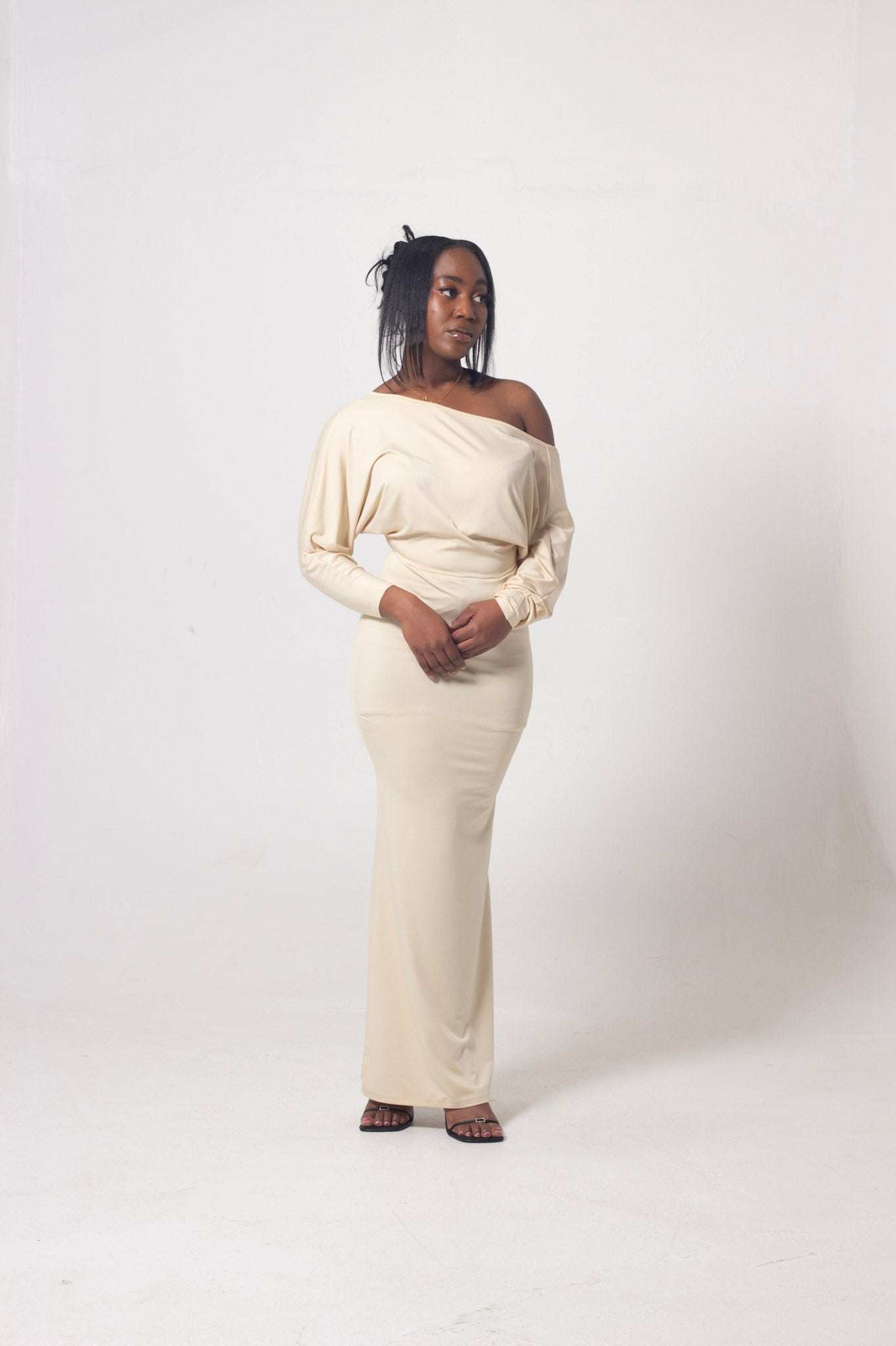 ND Long Sleeve Asymmetrical Off Shoulder Bodycon Maxi Dress
