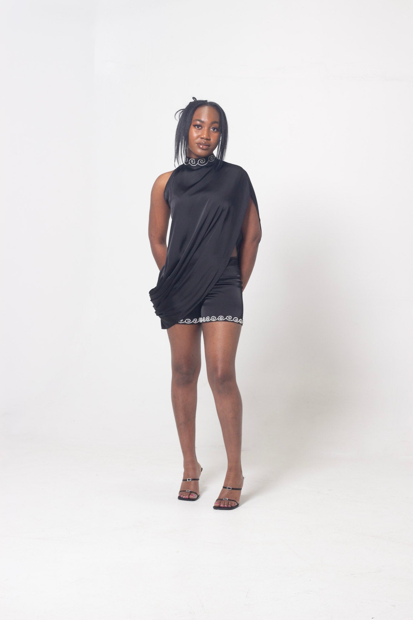 ND Black Mirage Asymmetric Satin drape top (part of a set)