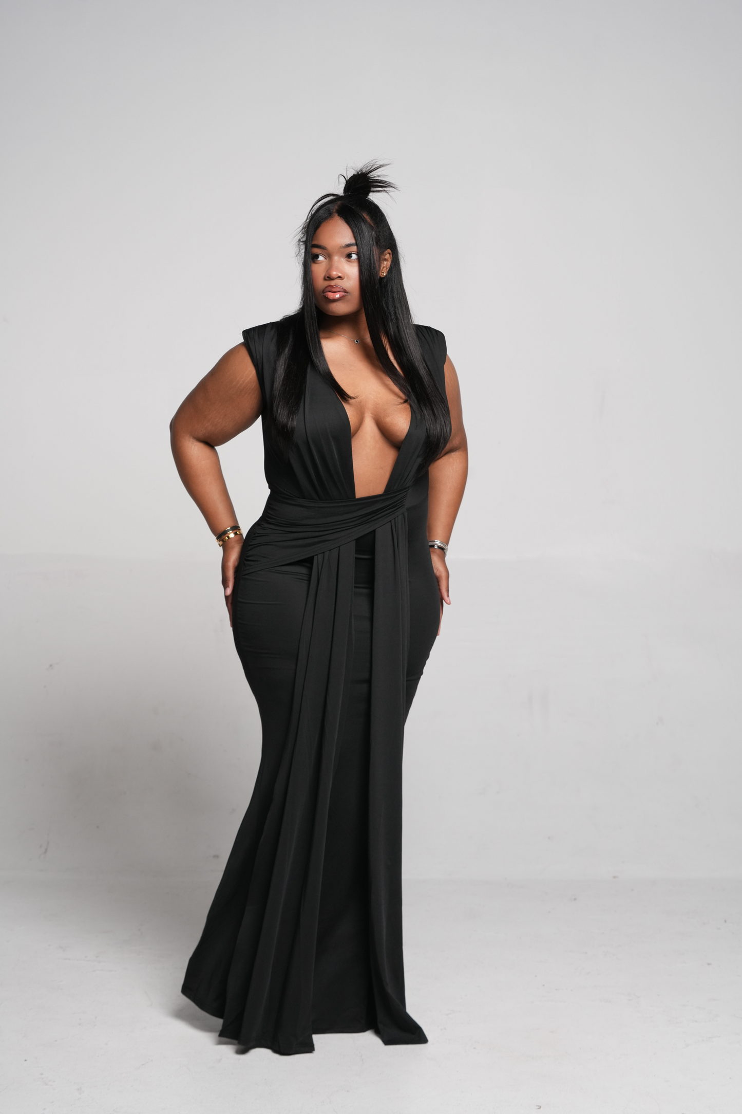 ND Black Deep plunge Neckline Flowy Drape Gown