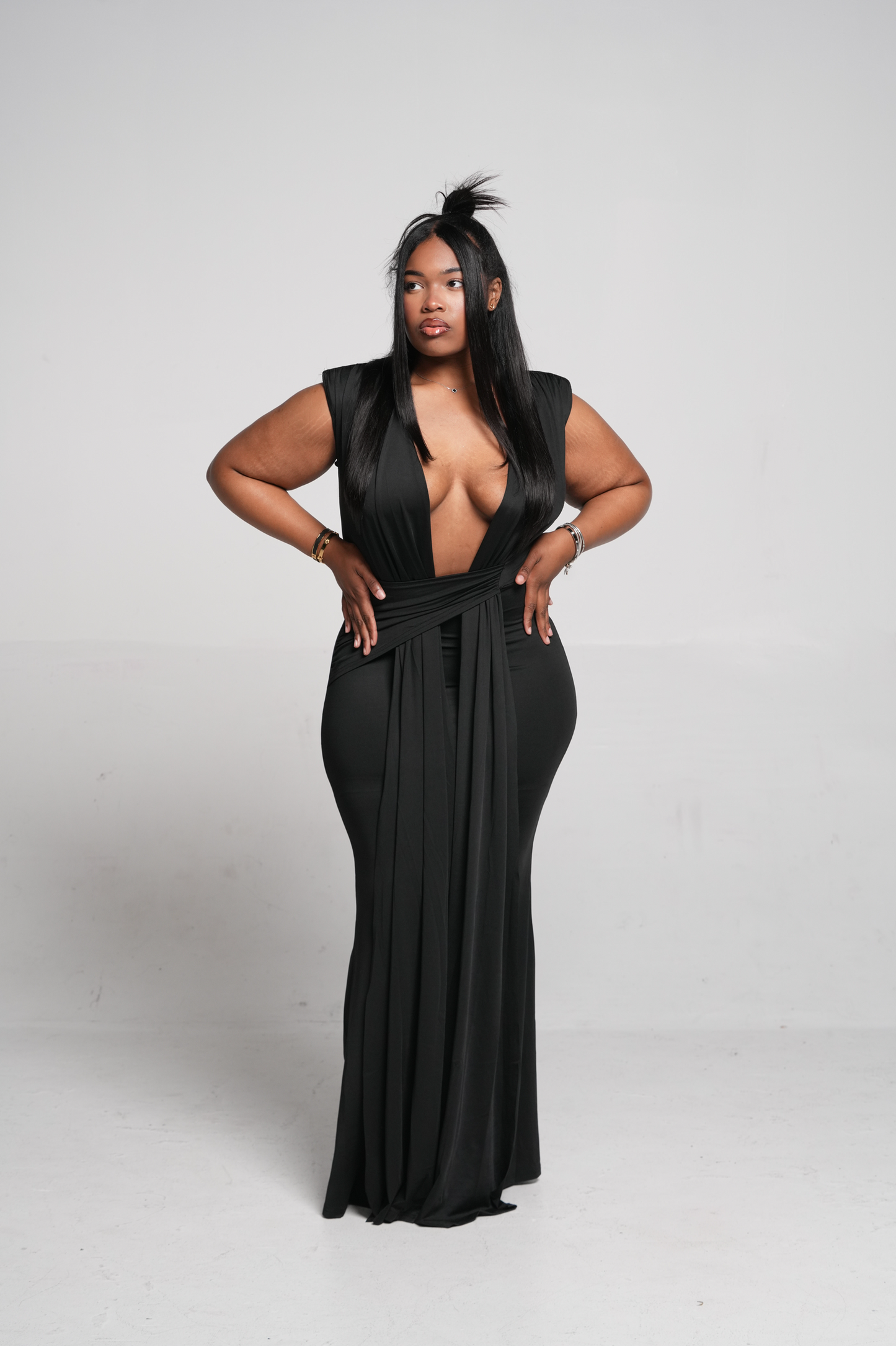 ND Black Deep plunge Neckline Flowy Drape Gown