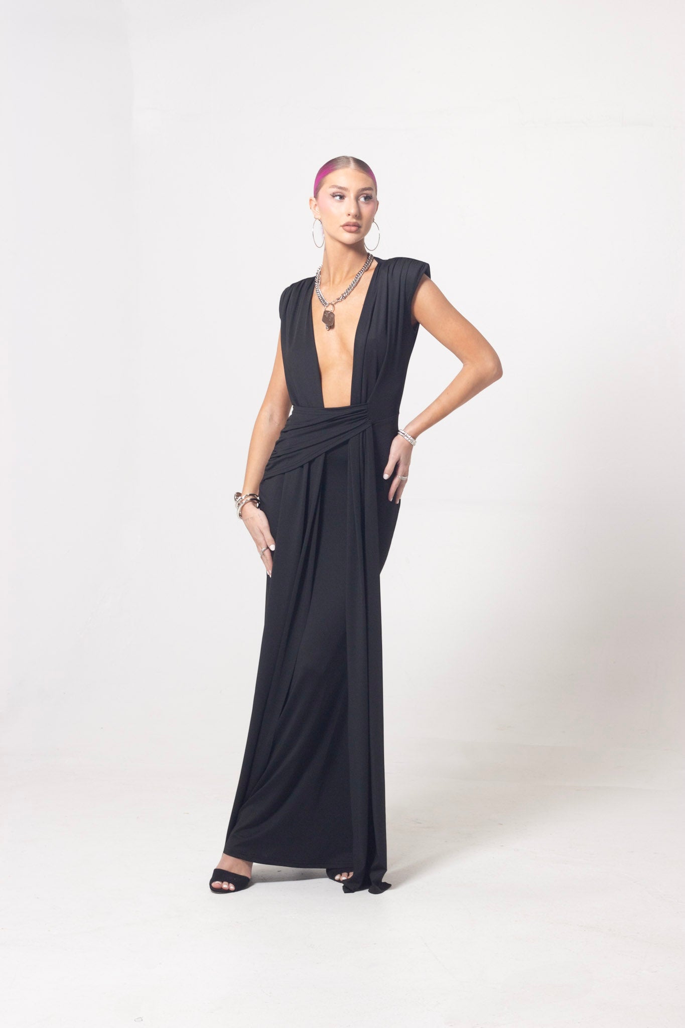 ND Black Deep plunge Neckline Flowy Drape Gown